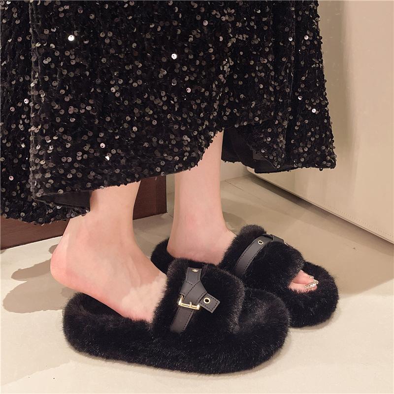 Large Size Fluffy Slippers Women's Outer Wear 2025 Spring Autumn and Winter Indoor Home Internet Celebrities Super Fire Large Size Thick Bottom Plu