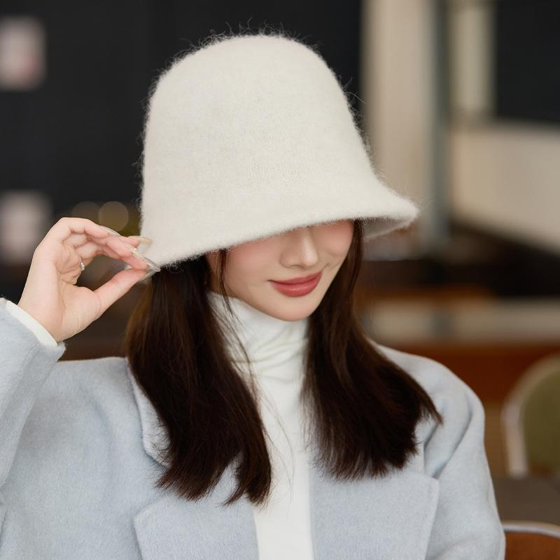 Autumn and Winter Hat Women's Solid Color Knitted Wool Hat Fleece Warm Bucket Hat Bucket Hat