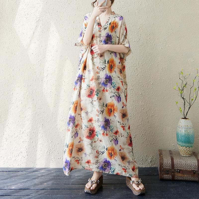 

Summer v-neck thin cotton and linen large size loose literary holiday wind beach skirt retro meat-covering long robe Large size average size