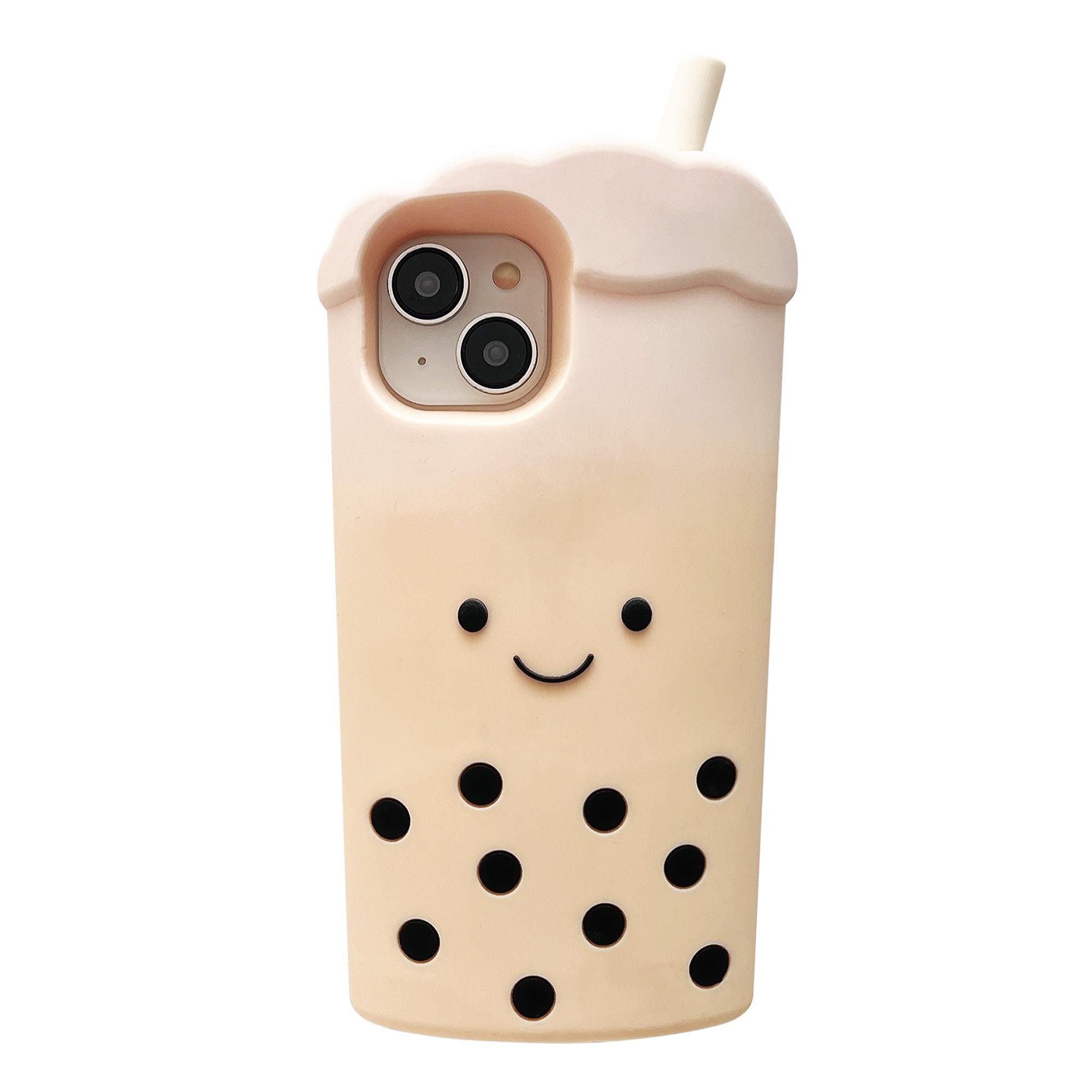

For iPhone 15 Silicone Case Cute 3D Pearl Milk Tea Style Shockproof Phone Back Cover White