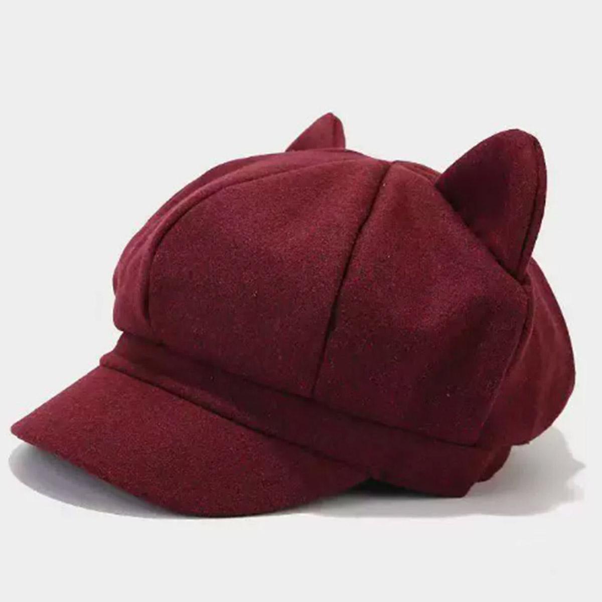Herfst En Winter Nieuwe Schattige Kattenoor Trendy Achthoekige Hoed Britse Retro Wolle Baret Effen Kleur Mode Schilderspet Voor Winkelen En Studenten brown