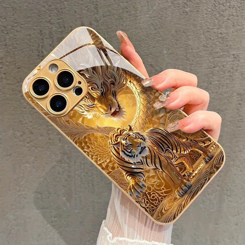 Cool Golden Dragon Tiger Pattern Metallic Paint Glass Phone Case For iPhone 17 16 15 14 13 12 11 Pro Max 14 Plus 17Air 16E Cover