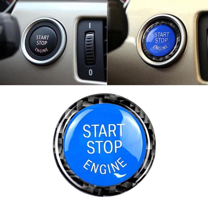 Protective Engine Start Stop Button Cover with Blue Carbon Trim Rings Kit for E90 E92 E93 320i Z4 E89 Car Accessories