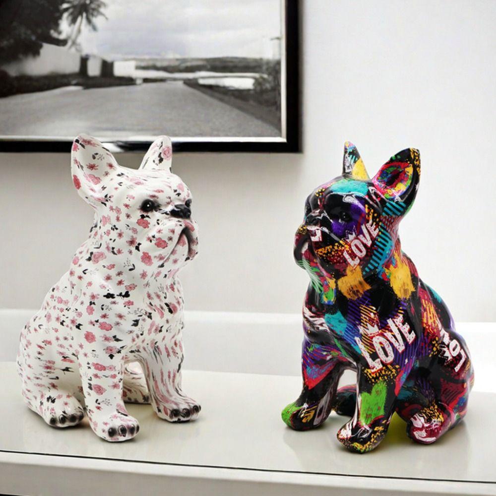 Kawaii Painted Bulldog Statue Cartoon Colorful Dog Statue Graffiti French Bulldog Statue  Children