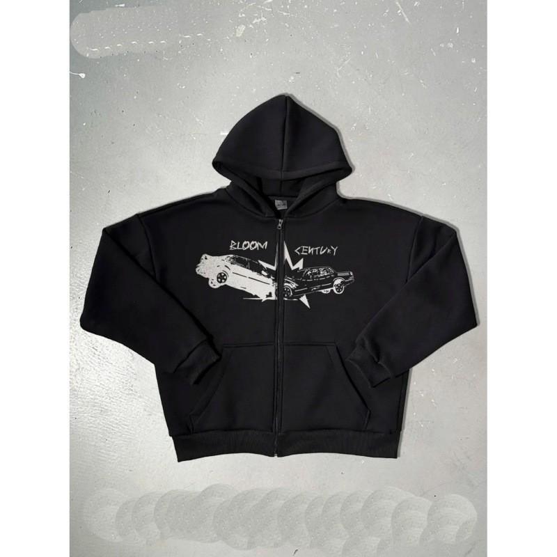 Y2K Printed Loose Hooded Sweatshirt Jacket Streetwear Womens Fashion