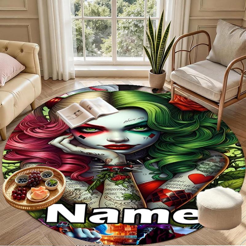 Custom Name Personalized Harley Quinn Joker Print Round Rug, Versatile Home Decor Carpet, for Playroom, Apartment, Balcony, Entryway, Hallway Gift