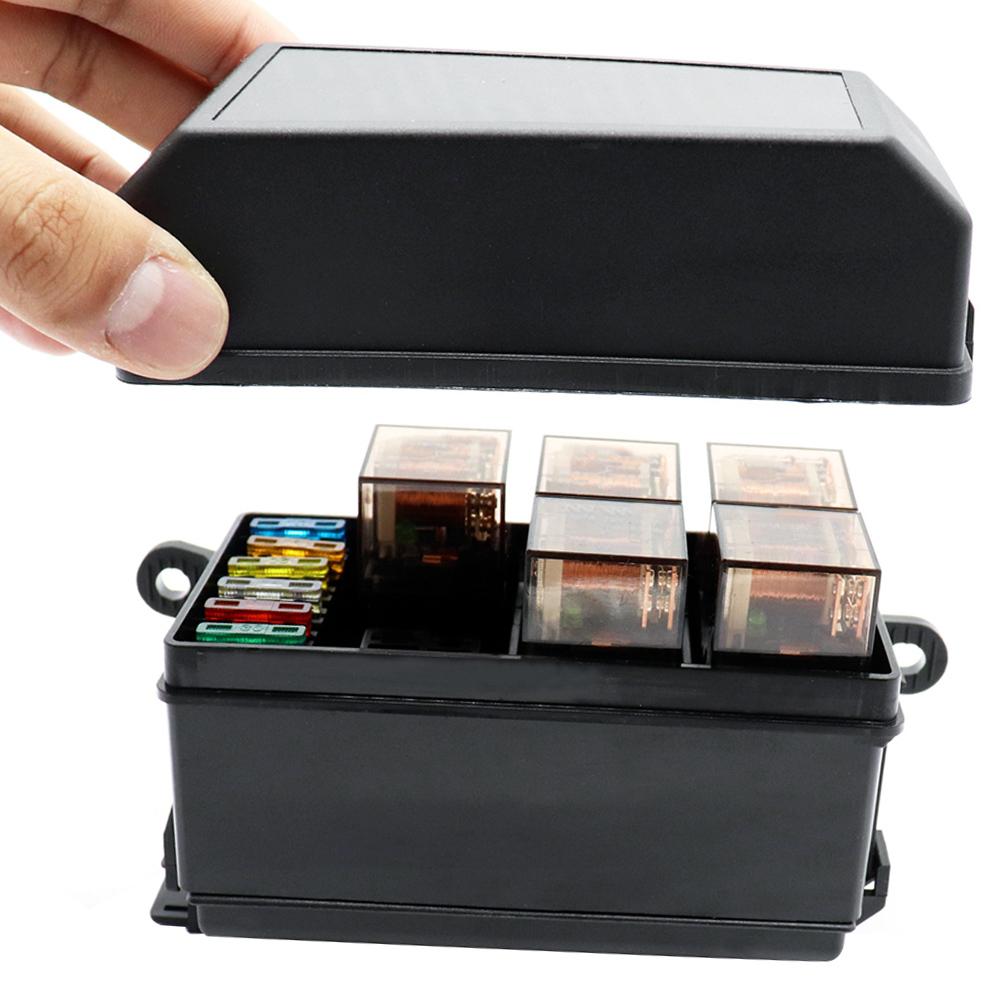 12 Slot Relay Box 6 Relays Slots 6 ATC ATO Standard Fuses Holder Block with 6Pcs Relays, 6Pcs Fuses Universal for