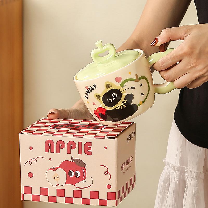 Apfel Katze mit Niedlichem Deckel Tasse Hochwertige Keramiktasse Hochtemperaturbeständigkeit Souvenirgeschenk Geburtstagsgeschenk Cartoon