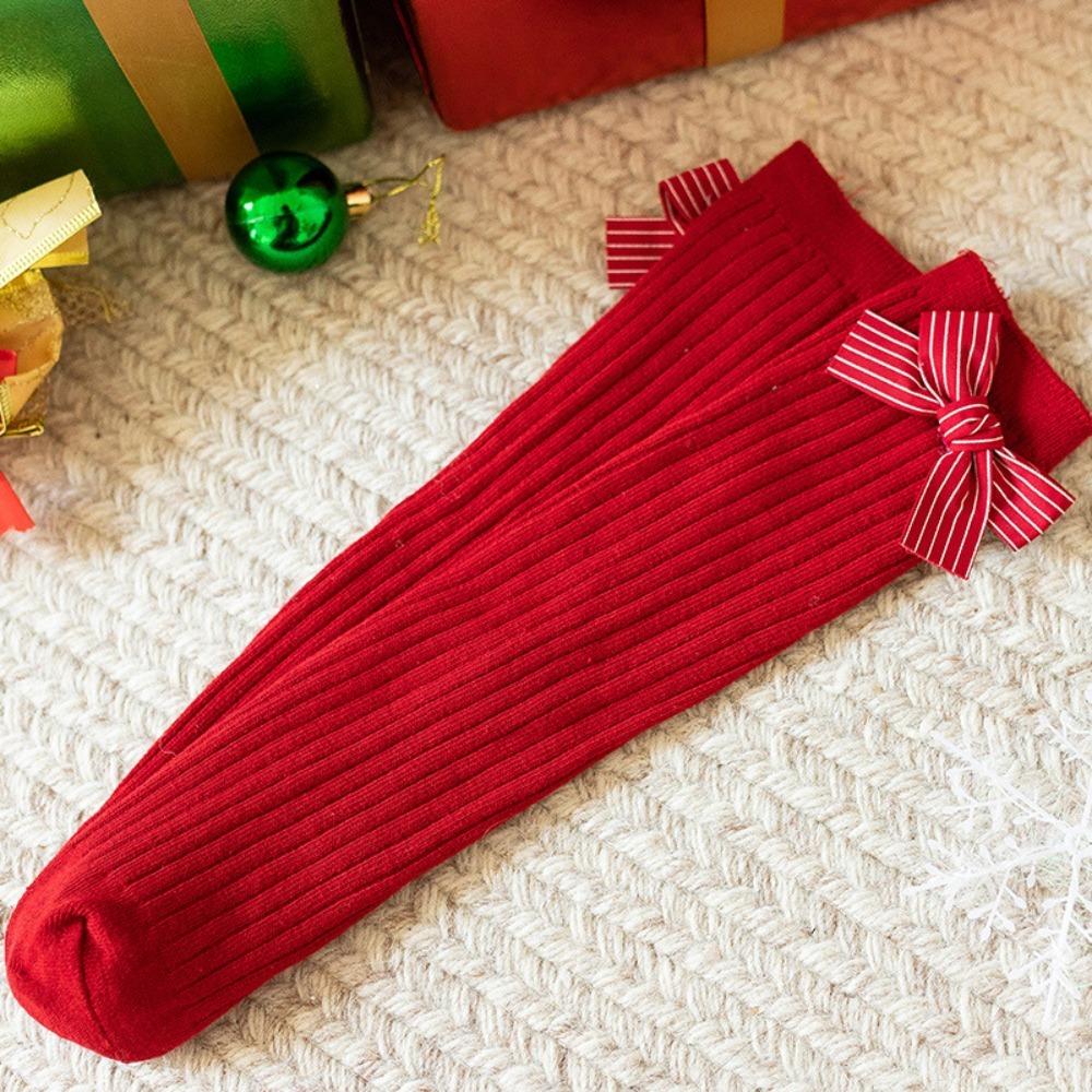 

Stretch Girls Long Socks Cotton New Year Socks New Mid-Length Socken Christmas Striped Bow