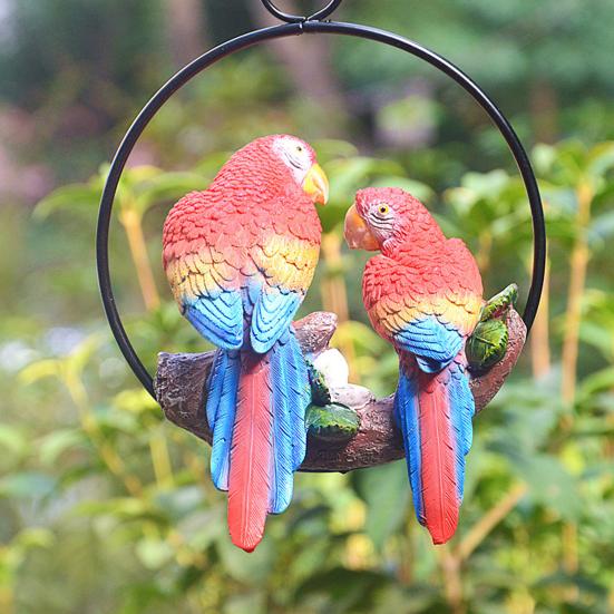 Parrot Pendant, Waterproof Resin Outdoor Garden Decoration with Iron Ring Suspension, Realistic Macaw Pair Hanging Ornament for Balcony Trees Indoor