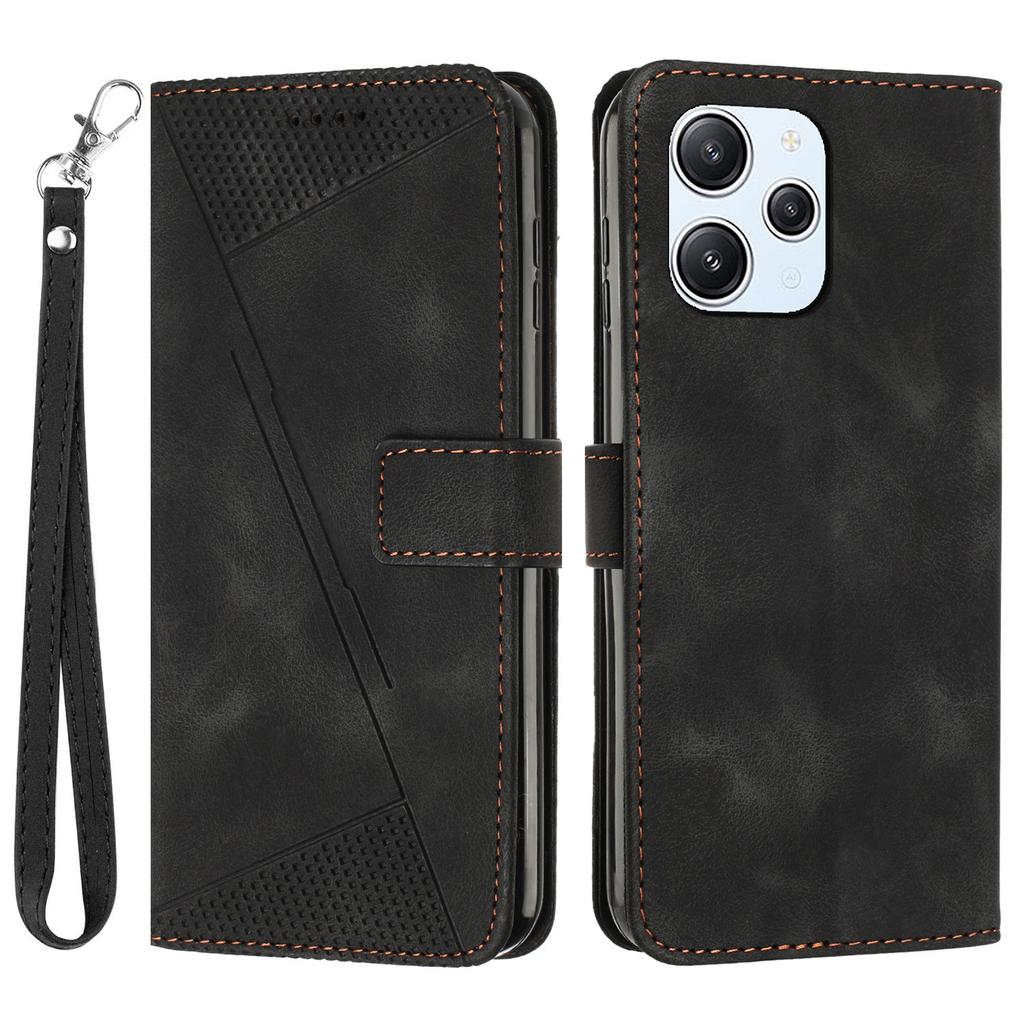 Leather Protective Cover for Xiaomi Redmi 12 4G,Triangle Imprint Wallet Stand Phone Case with Strap