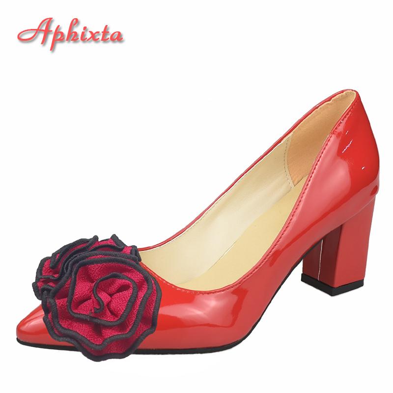 Fashion Aphixta New 7cm Square Heel Patent Leather Shoes Women Pumps Dark Green Flowers Officile Pointed Toe Plus Size 49 50