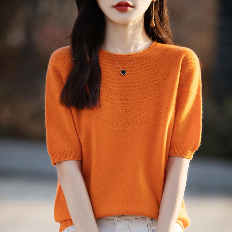 Women's Three Quarter Sleeve Knit Top O Neck Vintage Elegant Sweater