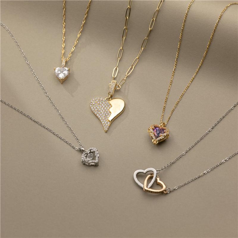 18K Gold Heart Series Copper Necklace with 3-Color Zirconia and Water Ripple Clavicle Chain