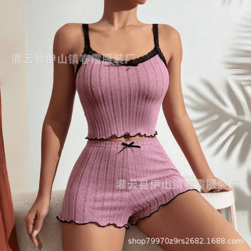 Large size pajamas women's sexy lace edge short-sleeved suspender shorts polished pit strip loungewear