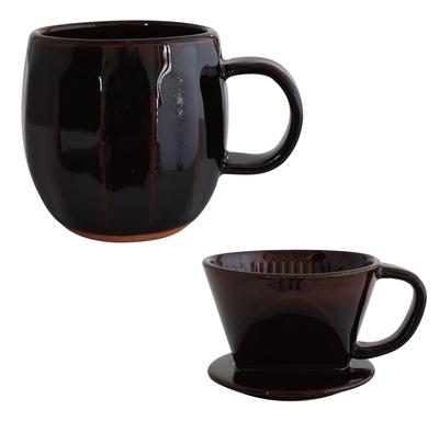 Brauner Tropfaufsatz und Becher Set, Mino-Keramik, Einzelportion, hergestellt in Japan