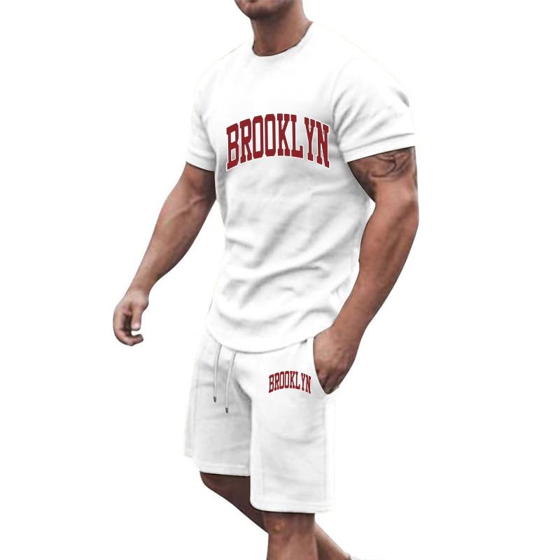 Mens Casual BROOKLYN Letter Print Short Sleeve T Shirt And Drawstring Shorts 2 Piece Set S белый