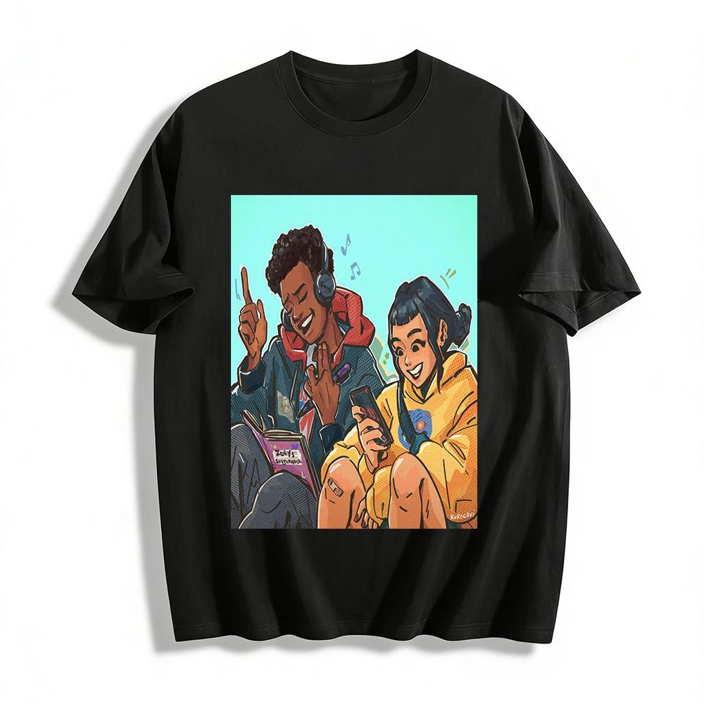 

Hip-Hop Style Listening Couple Print T-Shirt Casual Loose Fit Trendy Streetwear For Couples Pure cotton T-shirt XXS