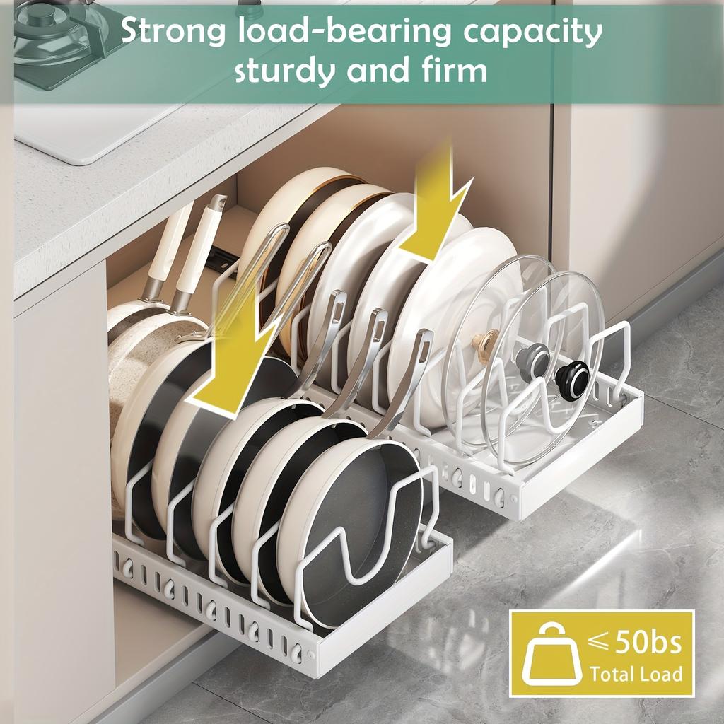 Pull Out Pot Lids Organizer Rack, 2pcs Pots and Pans Organizer for Under Cabinet, Pot Lid Holder with 8 Adjustable Compartment for Kitchen Cabinet