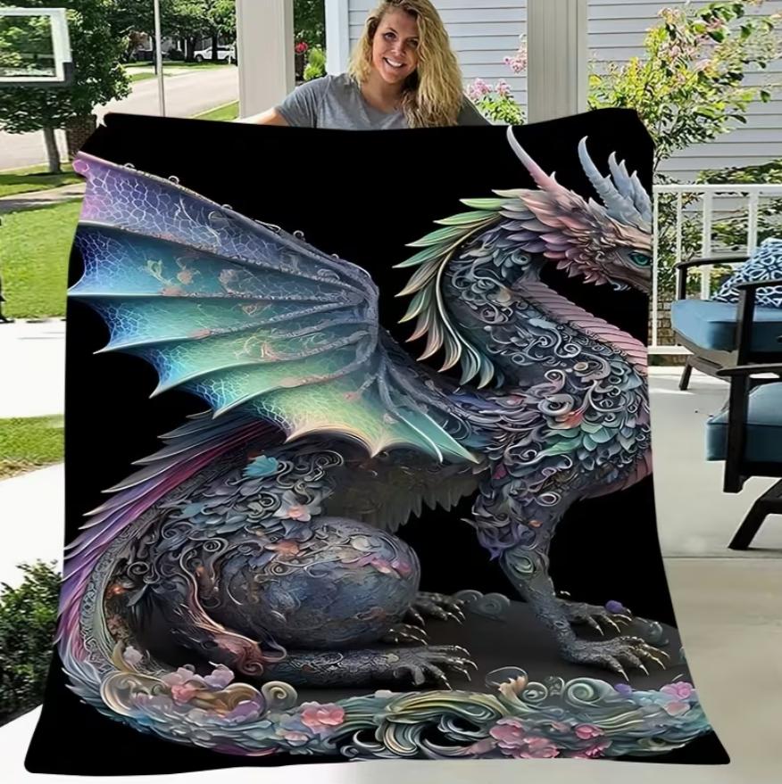 All-Season Colorful Dragon Print Flannel Blanket Comfortable Warm Soft Throw for Outdoor Travel Blankets