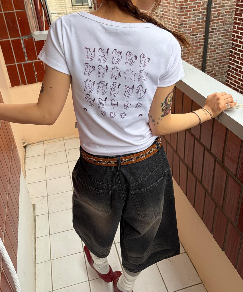 CHICKS Grid Horse Slim Short Sleeve T-Shirt White