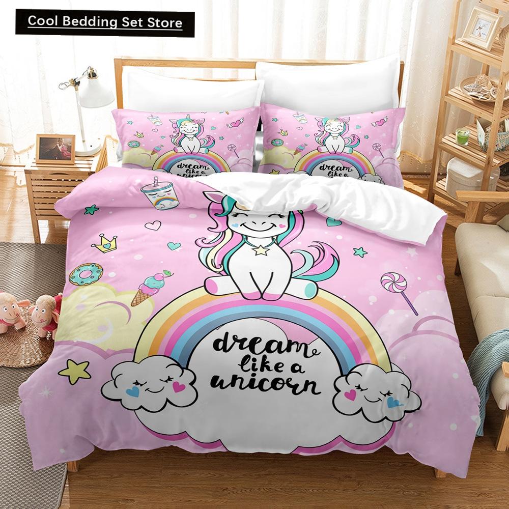 Sada ložního prádla s duhovým jednorožcem Kawaii Kreslené zvířecí ložní prádlo pro děti Dívky 2/3ks Velikost Twin Single Double Queen Sady povlaků na přikrývku