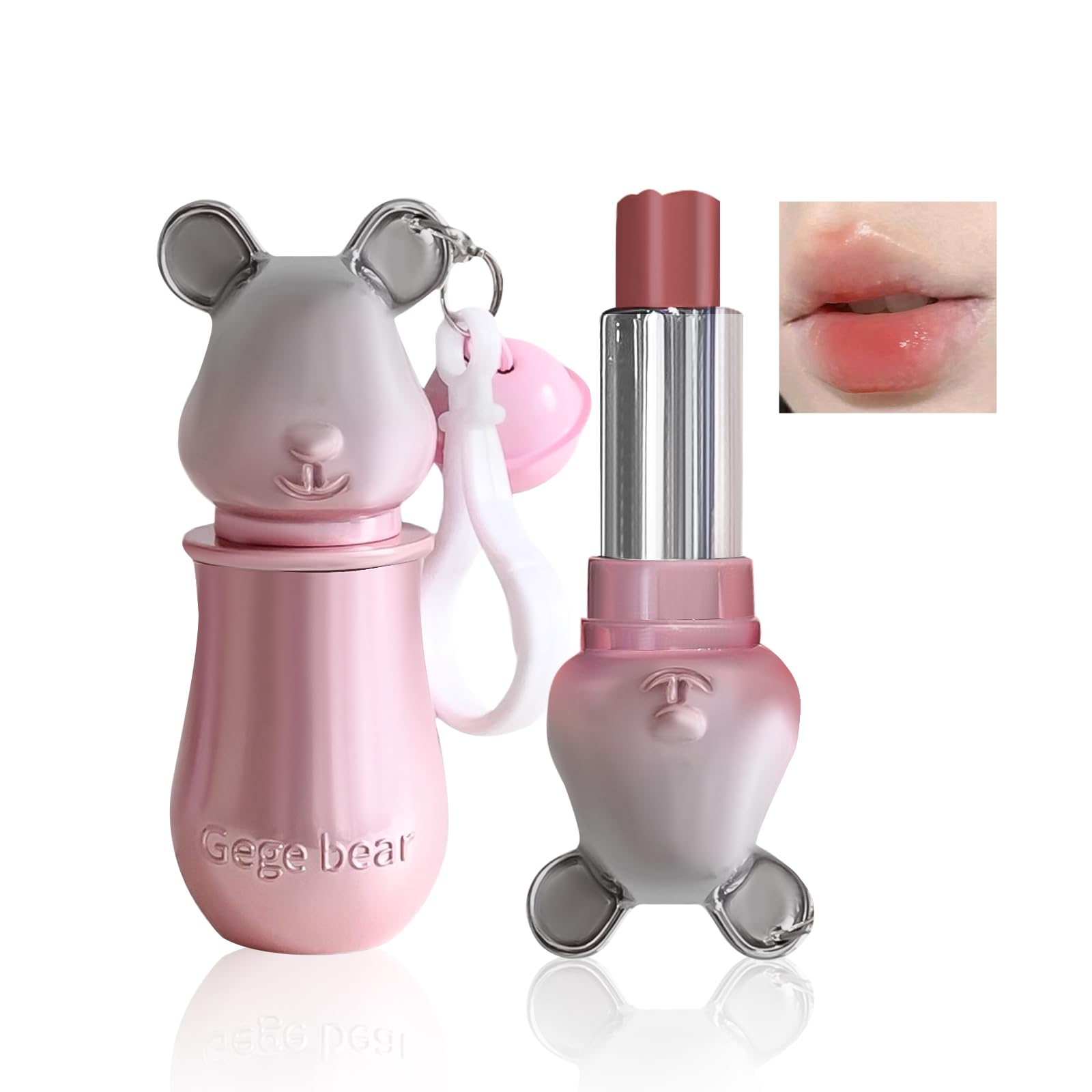

Qin Derdom Lipstick - Long-lasting, glossy, cute, moisturizing, bear pattern, with carabiner clip (can also be used as a keychain).
