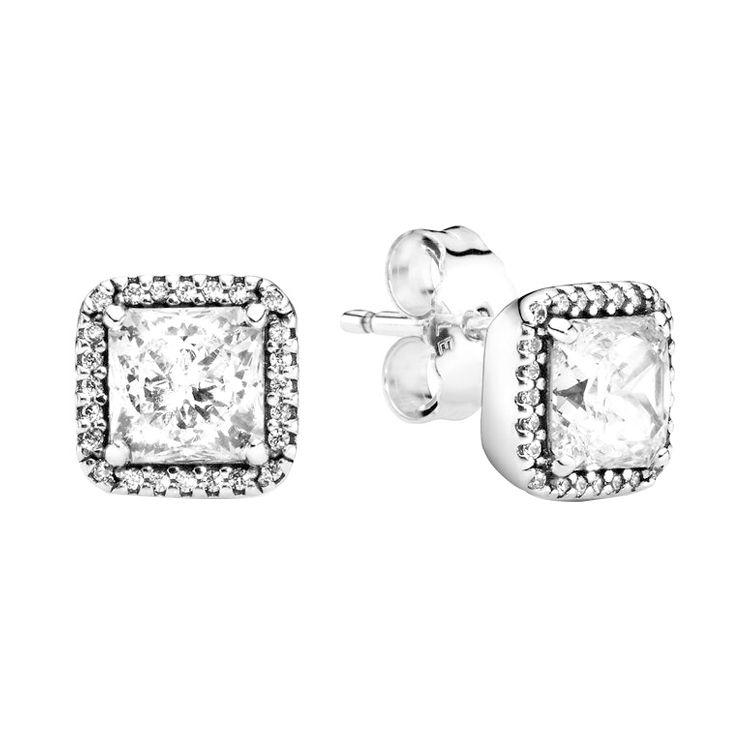 Pandora Square Brilliant Halo Earrings Women earrings Silver 290591CZ Silver White