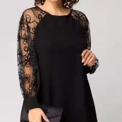 Women's Round Neck Long Sleeve Midi Dress Loose A-Line High Waist Solid Mesh Lace Splicing Elegant Plus Size Casual Dress