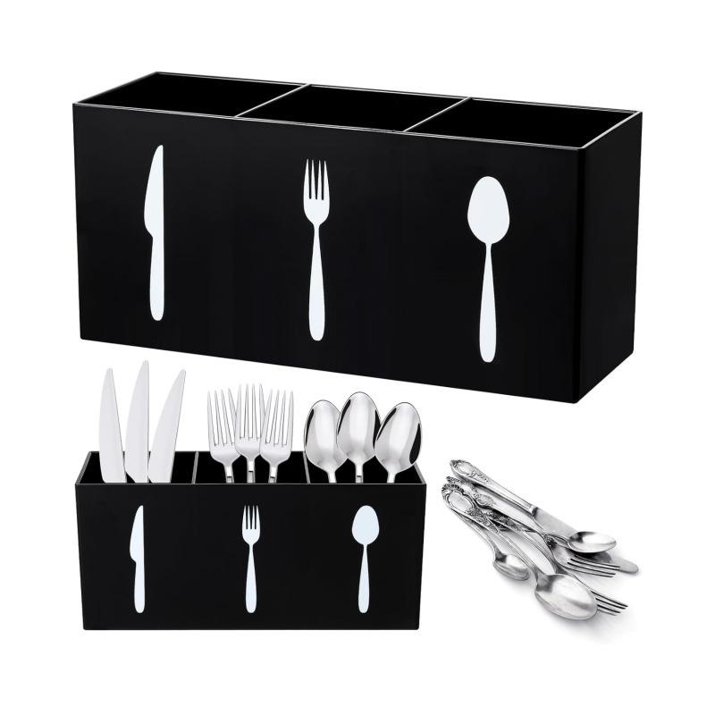 Acrylic Desktop Organizer 3 Compartments Pen Holder Silverware Knife, Fork and Spoon Cutlery