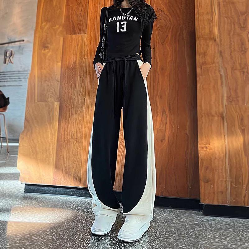 Autumn-Winter American-Style Plus-Fleece Wide-Leg Joggers for Women Color-Block Banana Long Pants In Casual Loose Fit