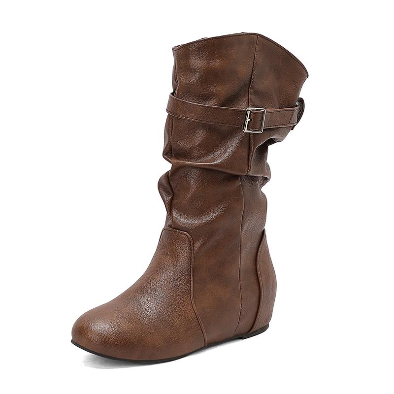 Fashion Women Mid-Calf Boots PU Pleated Boots Female Round Toe Shoes Concise Height Increasing Flat Shoes Autumn Winter Size 34-50