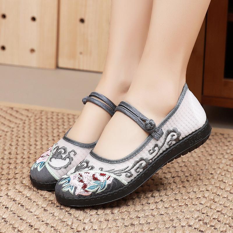 Qilu Global Old Beijing Cloth Shoes Mom Mesh Shoes Summer Breathable Ancient Style Embroidered Mesh Shoes