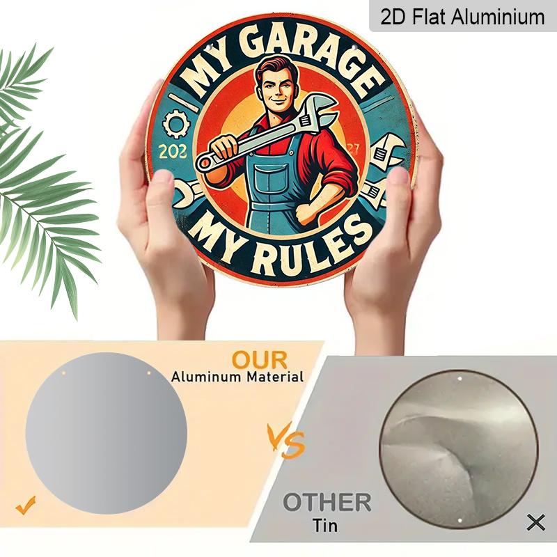 Retro My Garage My Rules Round Metal Signs 7.87x7.87Inch Aluminium Painting for Garage Wall Decor