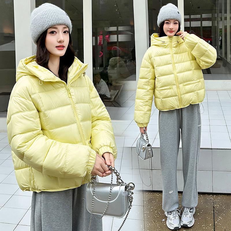 Women Hooded Quilted Puffer Jacket Solid Color Loose Fit Short Winter Coat