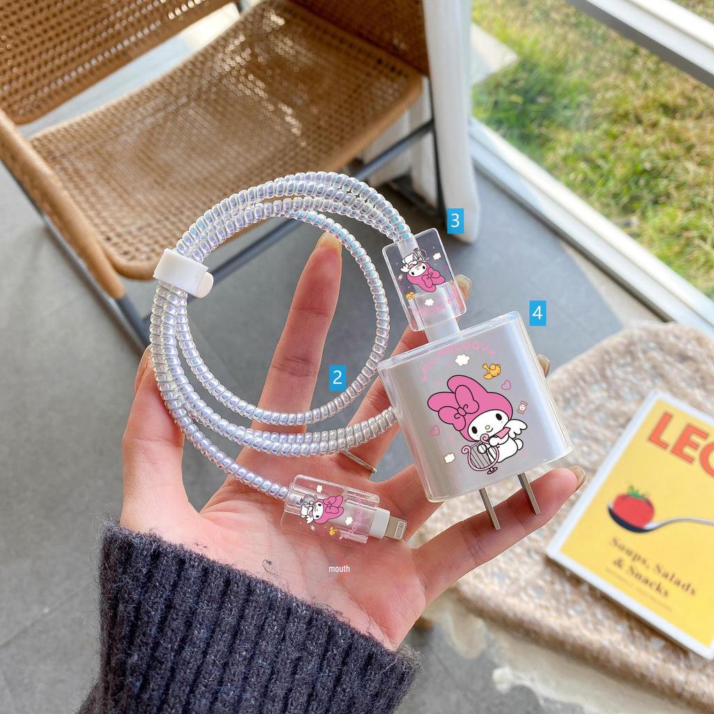 Apple Data Cable Protection Kit: 20W Charging Head, Transparent Cartoon Design, 4-Piece Set