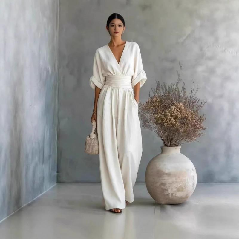 2026 Elegant V-Neck High-Waist Wide-Leg Jumpsuit Women Slimming Fit Casual Office Wear