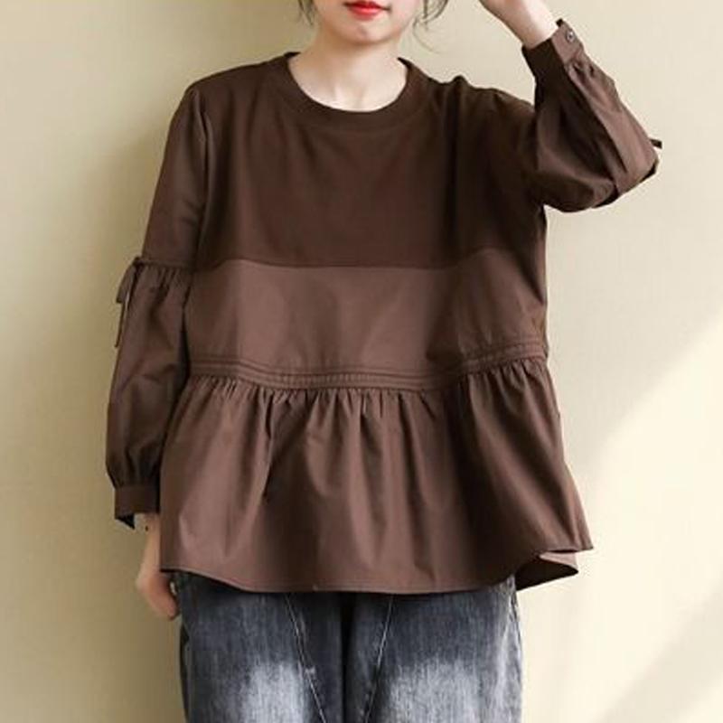 Clothes for Women Korean Fashion Bow Cute Chic Blouses Vintage Ruffled Patchwork Oversized Shirts Solid O Neck Long Sleeve Tops
