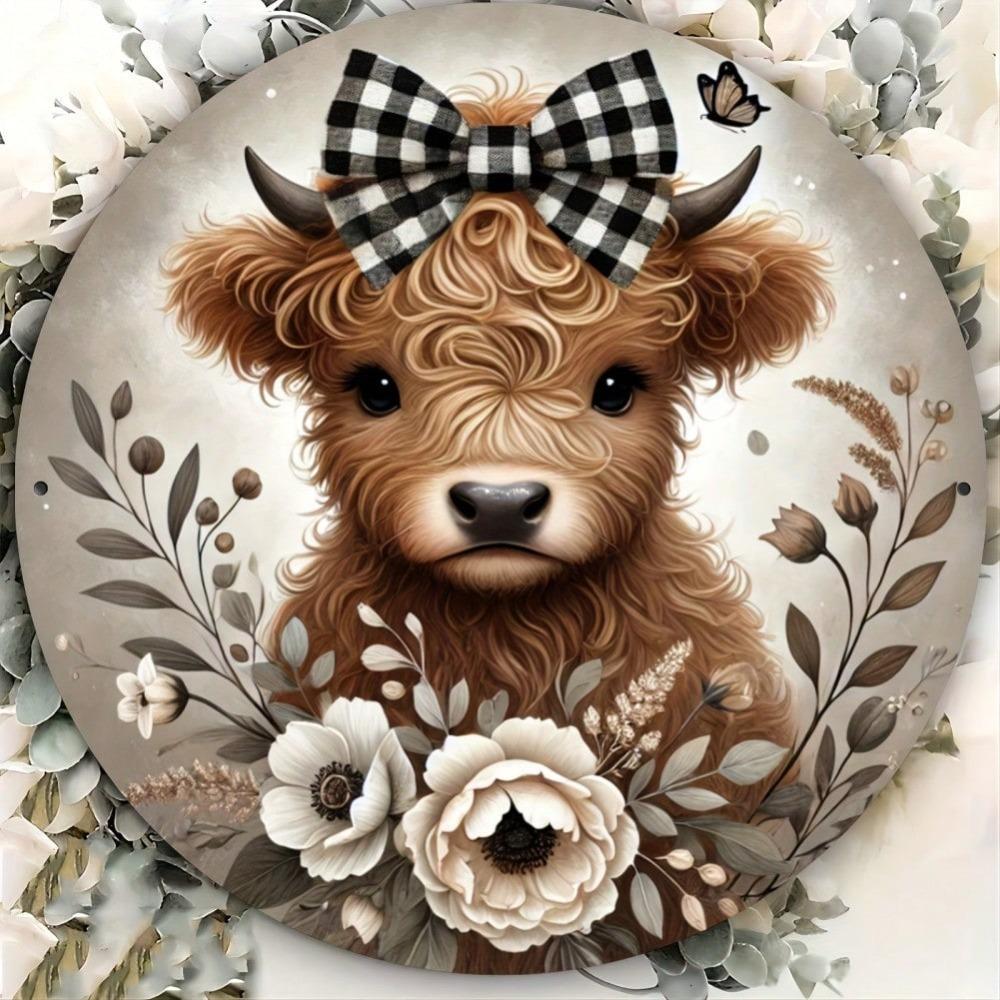 Metal Art Wall Decor Highland Cow Floral Wreath Round Sign Farmhouse Home Kitchen Gift