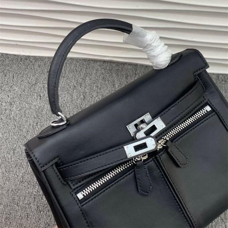 New first-layer cowhide KL bag women's double pocket capacity large handbag commuter shoulder messenger bag