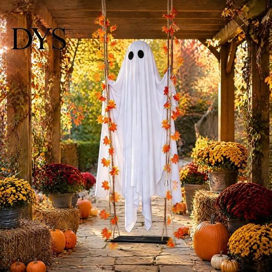 Reusable Holiday Props Light Up Hanging Swinging Ghost Halloween Decoration with Remote Control, Large White Unique Theme Accents Ornament Maple