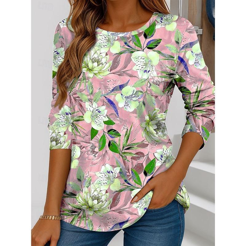Spring and Autumn Women's T Shirt Floral Graphic Plants Stylish Casual Long Sleeve T-shirts Round Neck Regular Tops Flower Printed Pullover