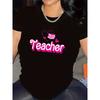 European Size Womens Black Polyester T Shirt Pink Heart Book Teacher Print Round Neck Durable Comfortable Fit Casual Daily Wear Top