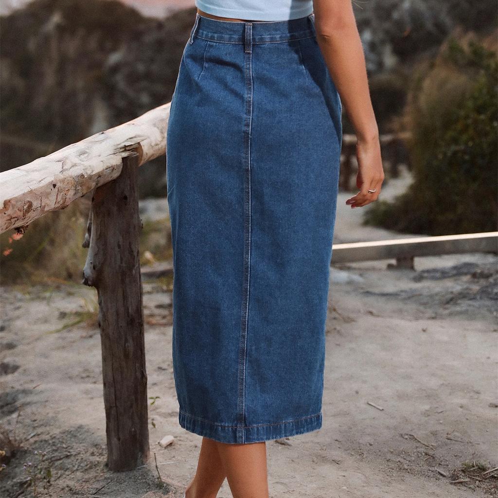 Mote DameDenimskjørt Knappelukking Splitt Høyt liv Halvlang Kjole