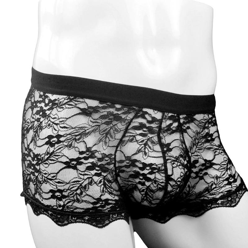Men'S Floral Lace Boxers Sissy Lingerie Sexy Low Rise Mesh See Through Underwear For Men With Lace Back Tie Underpanties Trunks