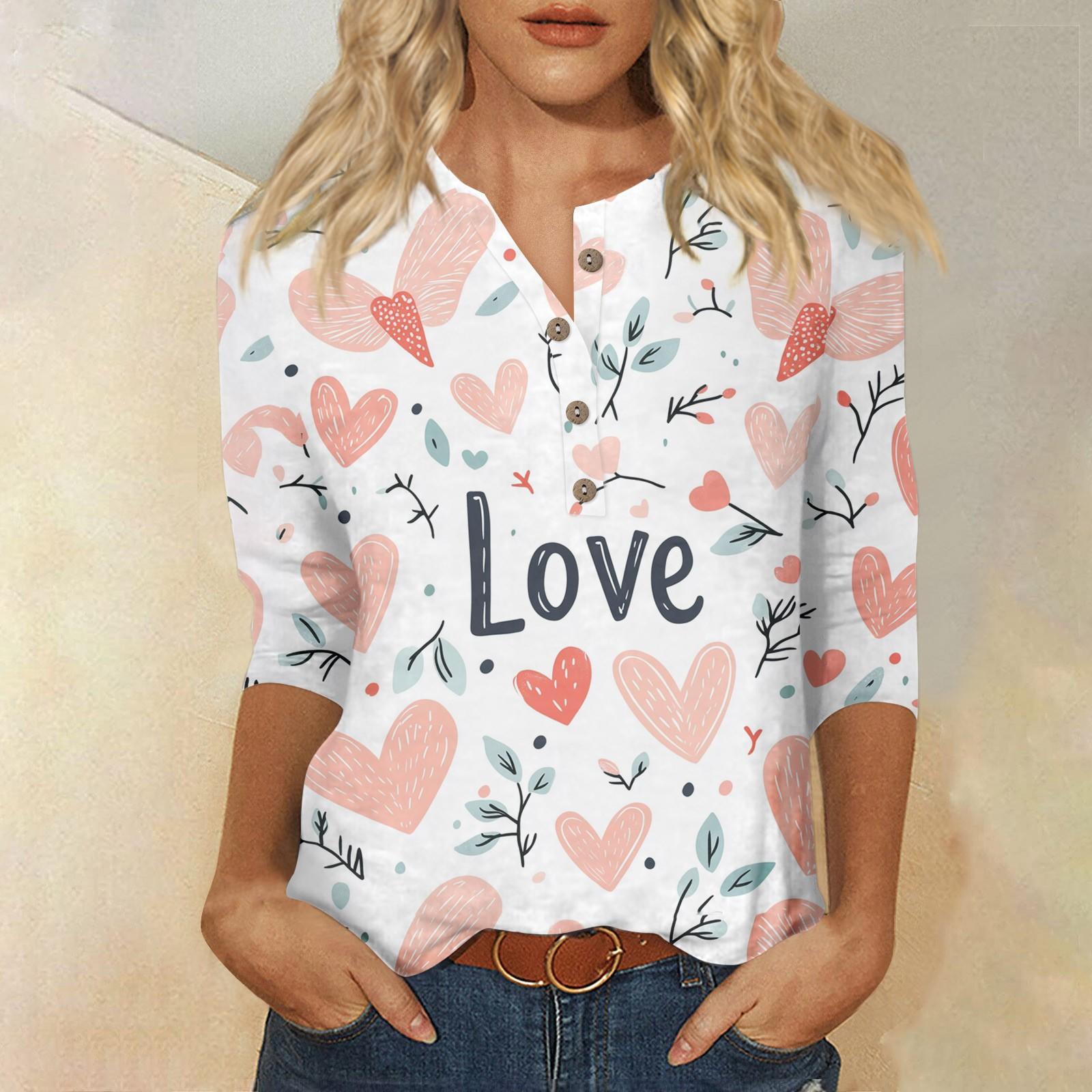 

Женская мода повседневная блузка с пуговицами и рукавом 3/4 с принтом ко Дню святого Валентина XL красный