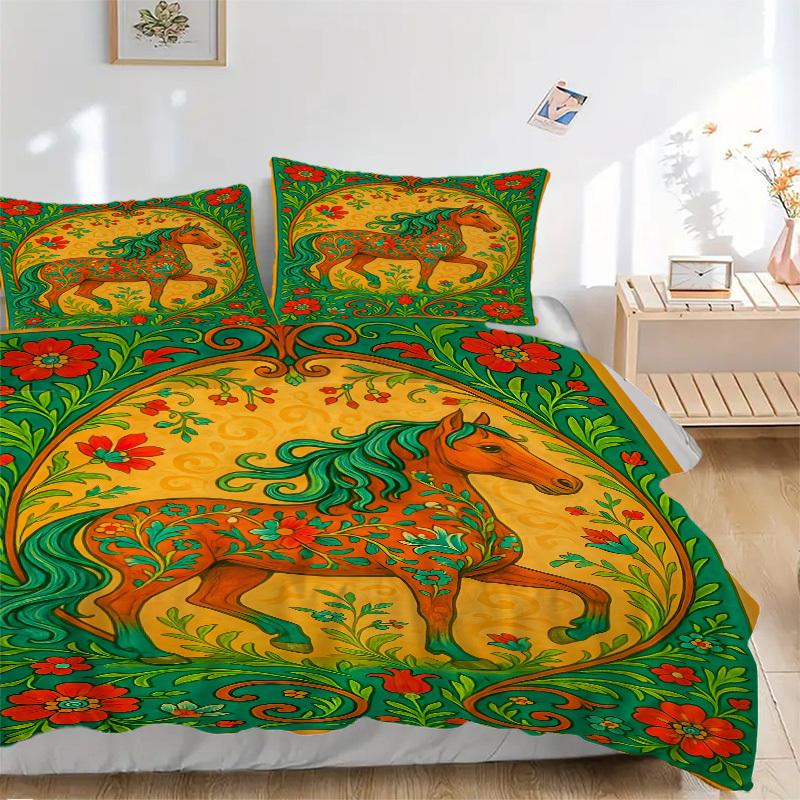 

3PCs Horse Artwork Design Cover Set, Breathable Fabric, Machine Washable (1 Duvet Cover + 2 Pillowcases) (Without Quilt) yy250911121 135x200cm