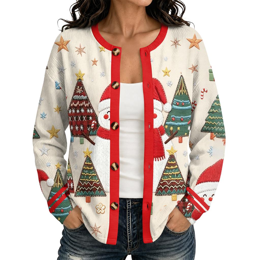 Women's Christmas Print Cardigan Long Sleeve Open Front Jacket for Holiday Party and Everyday Wear