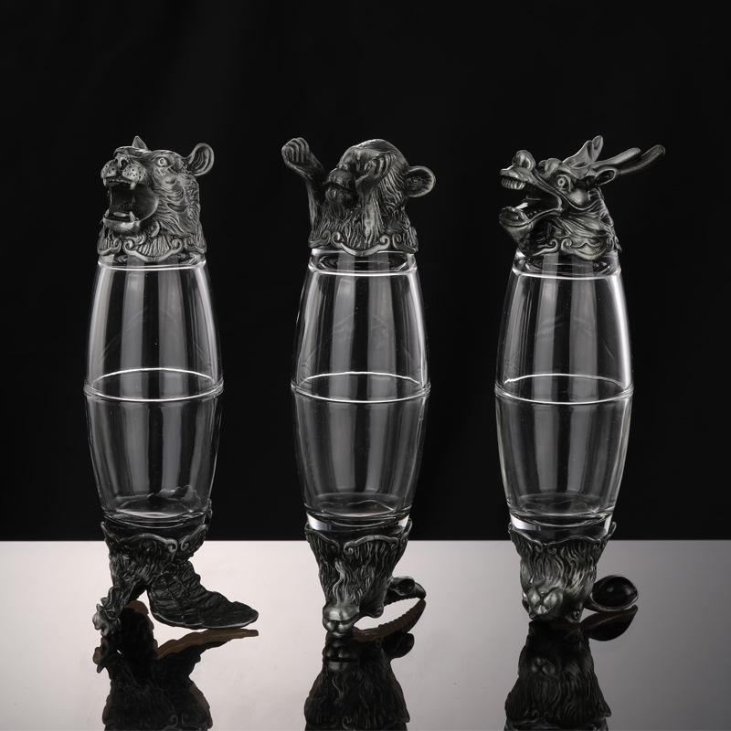 Chinese Zodiac Retro Wine Glass Set In Leather Case - Small White Glasses Gift Set