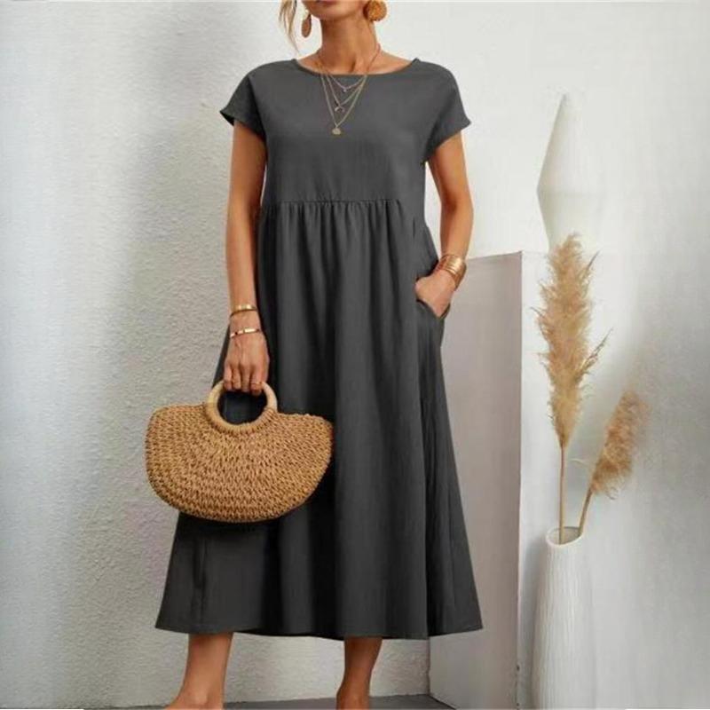 GMXIA Solid Colour Sleeveless Loose Cotton Linen Plug Pocket Women's Dresses